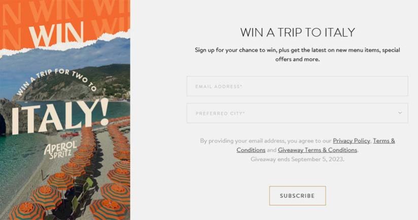 Cactus Club Cafe x Aperol Italy Vacation Sweepstakes